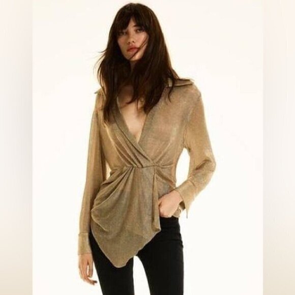 Zara Tops - Zara Rose Gold Metallic Thread Pleated Blouse size M